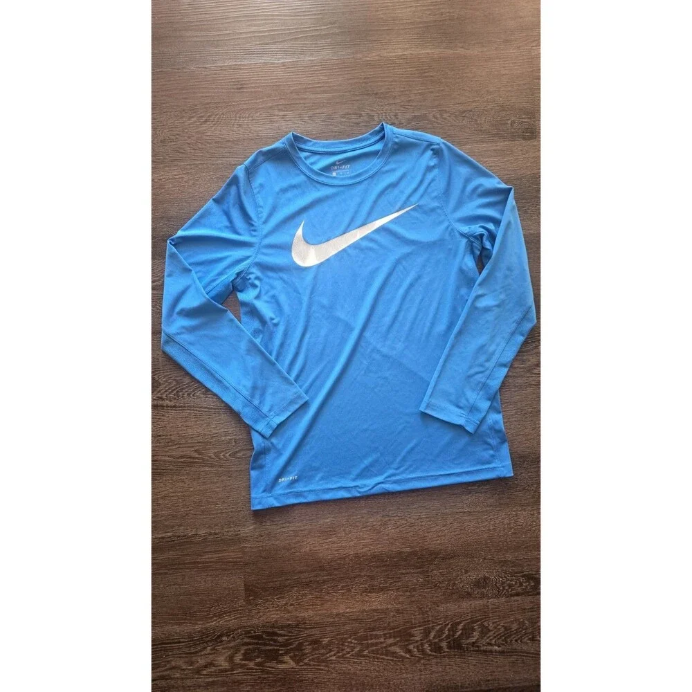 Nike Dri-FIT Men's XL Blue Long Sleeve Crew Neck Performance Shirt Logo